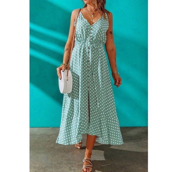 Mint Green Polka Dot Midi Button Through Dress Flared V-Neck - Picture 16 of 16